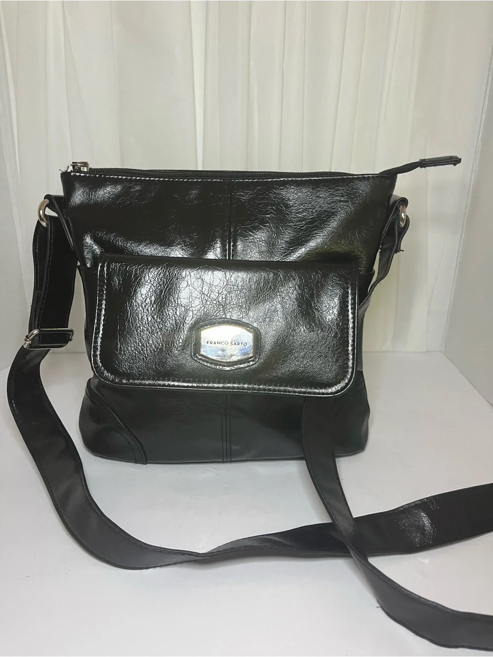 Franco Sarto Shiny Black Leather Messenger Bag